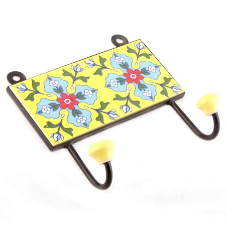 Yellow And Turquoise Ceramic Floral Tiles Hooks